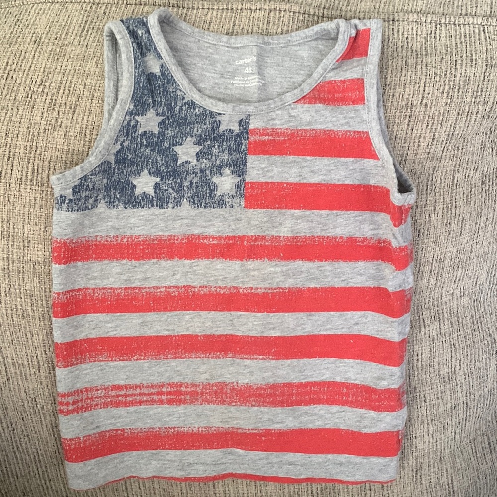 Boys gray tank top with red stripes and blue stars. Size 4T